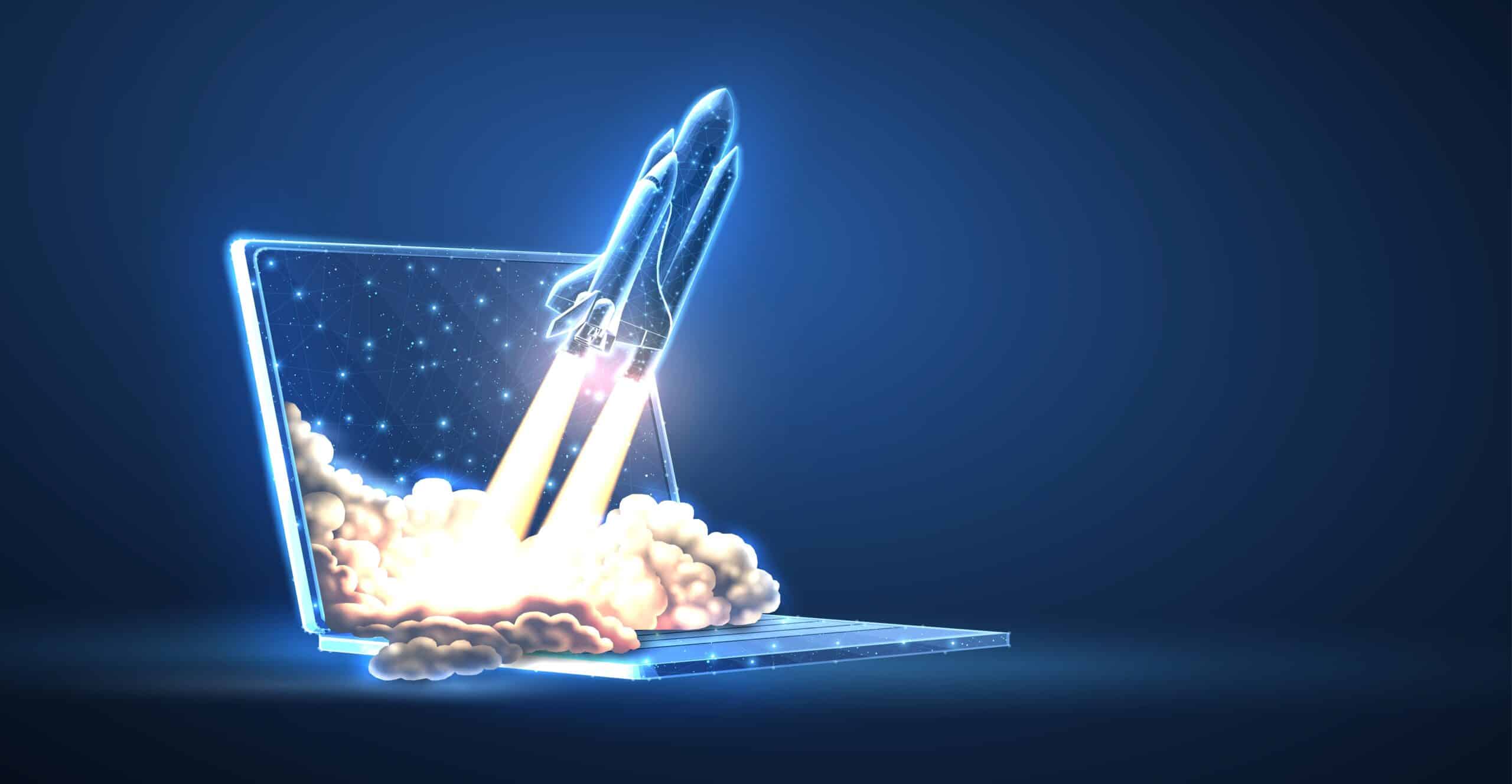 Future of Biotech Web Design banner image of rocket shooting from laptop